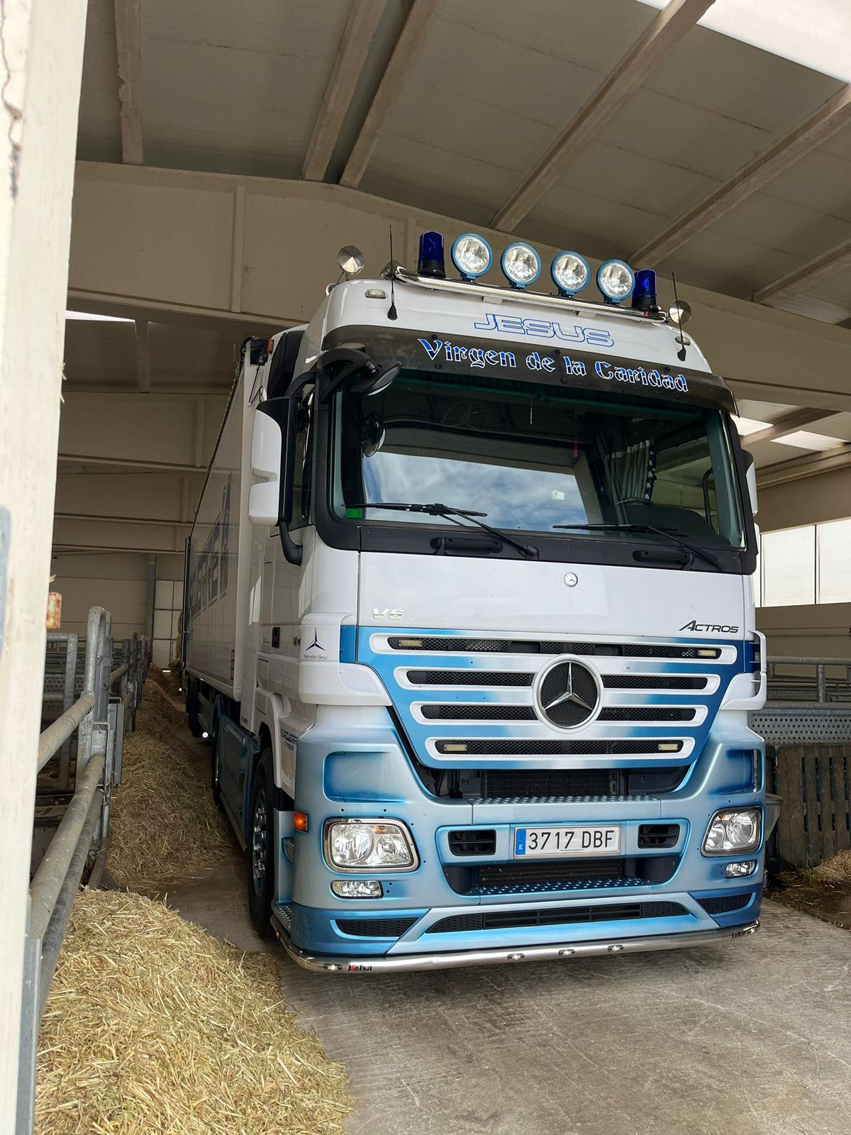 Vista frontal detallada del Mercedes-Benz Actros mostrando el logo y detalles del vehículo